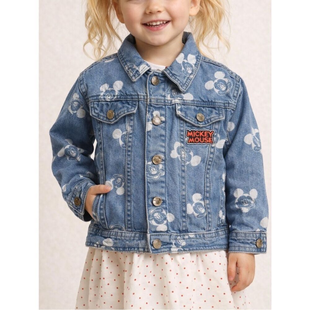 Disney Mickey Mouse Toddler Denim Jacket Blue Print Button Front Size 3T Cute